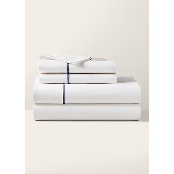 New Ralph Lauren Organic Cotton Percale Palmer Queen Flat Sheet White/Polo Navy - Picture 1 of 6